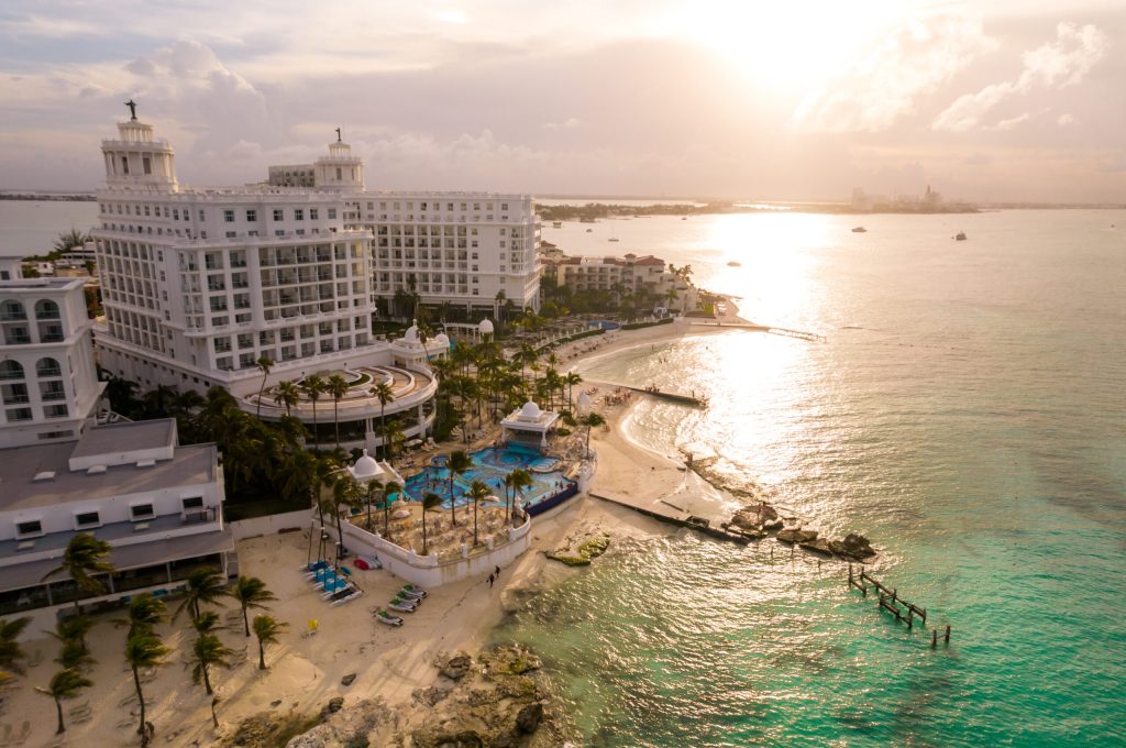 Cancun, Mexico - September 17, 2021: View of beautiful Hotel Riu Palace Las Americas in the hotel zone of Cancun. Riviera Maya region in Quintana roo on Yucatan Peninsula. Aerial panoramic view of allinclusive resort